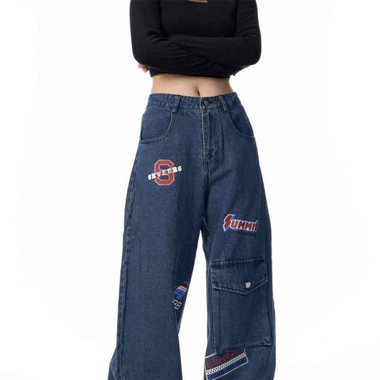 American Retro Stamp Printing Cargo Jeans MuddyStock