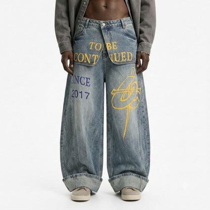 Letter printed curved knife jeans for men | MuddyStock Originals