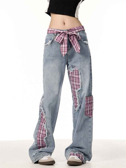 Bowknot Loose Sweet Cool Plaid Stitching Jeans Women's Straight Wide Leg Pants MuddyStock