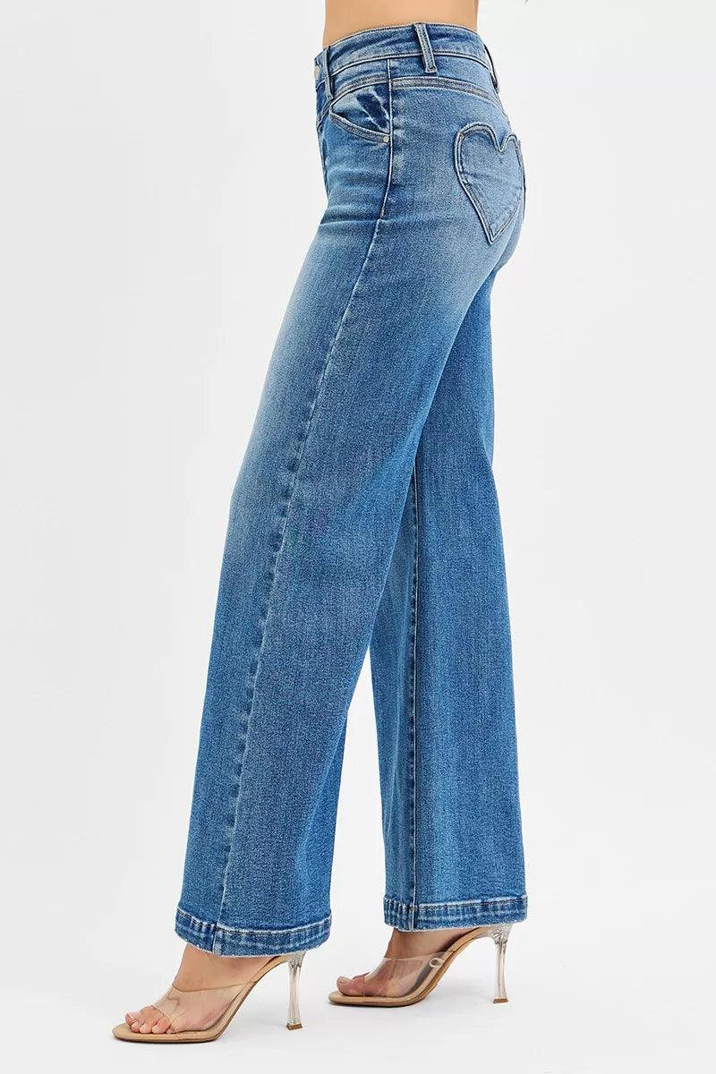 High Rise Wide Leg Jeans with Front Yoke and Heart Back Pocket