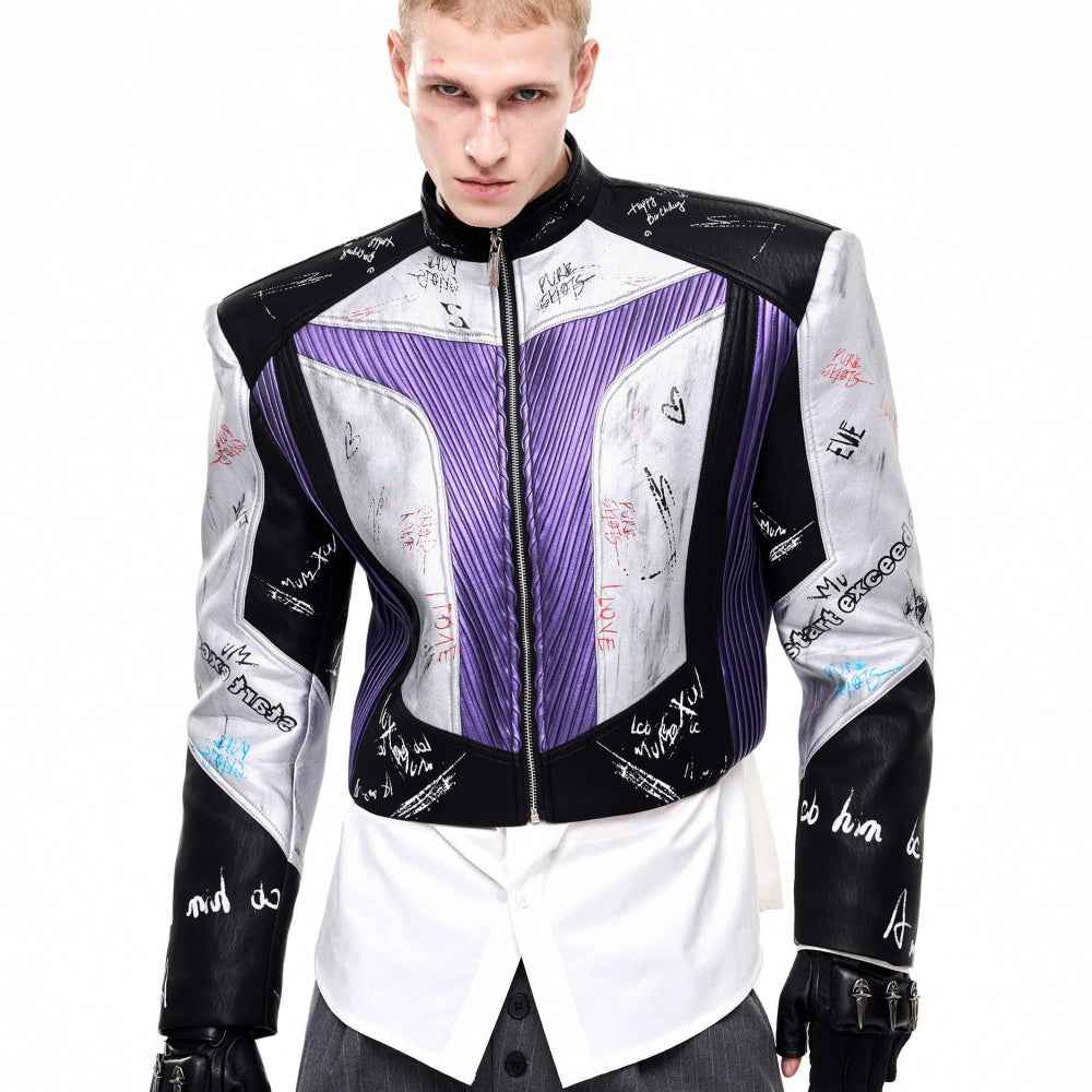 Short Stand-up Collar Graffiti Leather Jacket For Men Black And Purple null