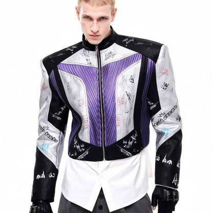 Short Stand-up Collar Graffiti Leather Jacket For Men Black And Purple null