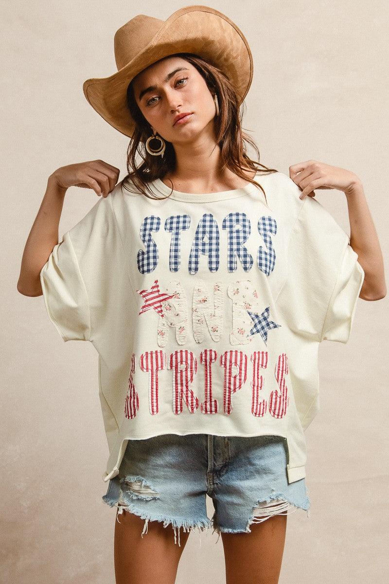 Mix And Match Stars And Stripes Patchwork Short Sleeve T-Shirt For Women
