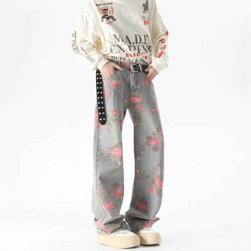 Men's Peony Jacquard Washed Loose Jeans MuddyStock