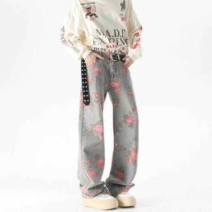 Men's Peony Jacquard Washed Loose Jeans MuddyStock