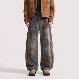 American-style Vintage Jacquard Flocking Embroidered Fleece-lined Jeans For Men Brown All Products