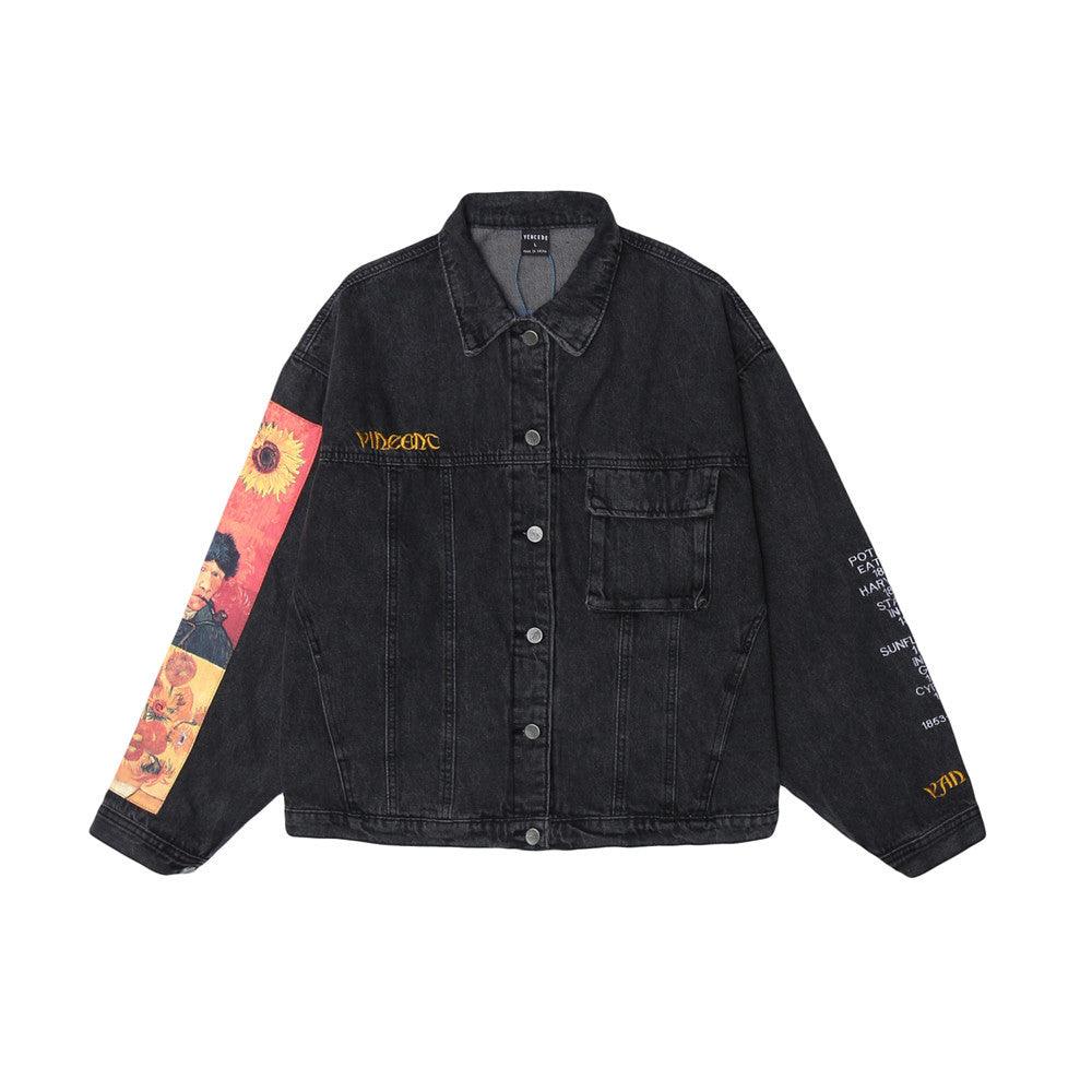 Loose Denim Jacket With Printed Sleeve For Women null