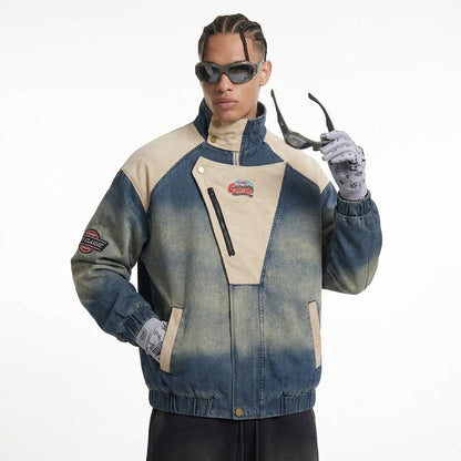 Contrast Color Spray Paint Wash Denim Stand-up Collar Cotton-padded Jacket For Men