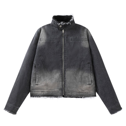 Washing Gradient Frayed Hem Denim Jacket For Women MuddyStock null