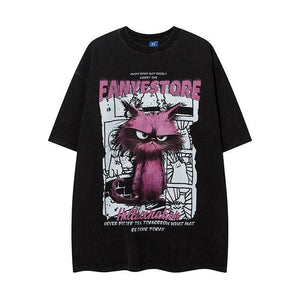 Fashion Cartoon Print Short Sleeve For Men And Women Black