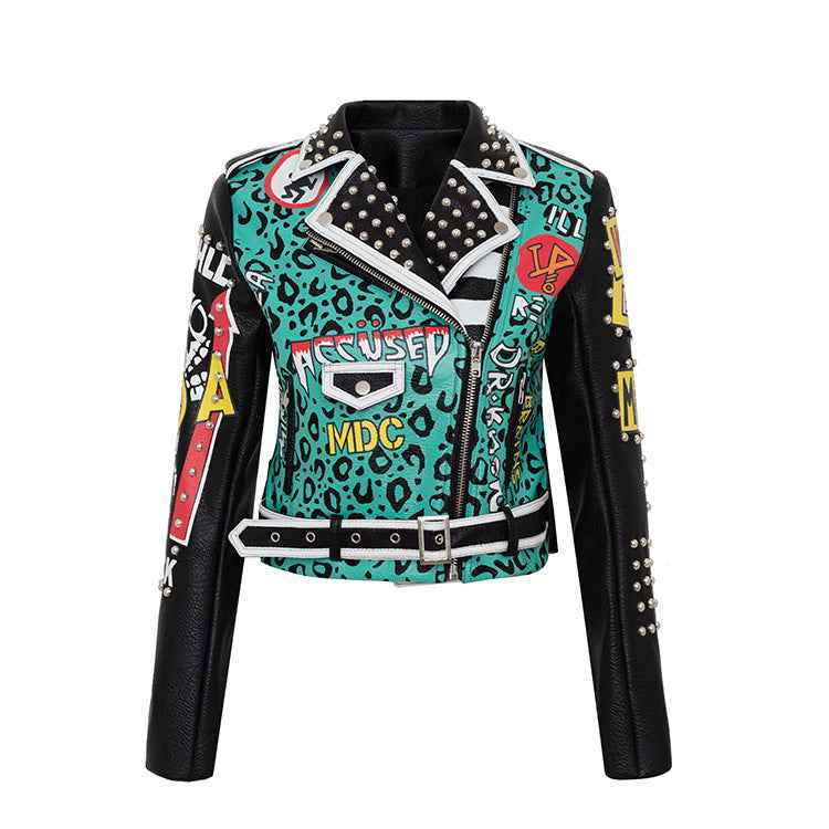 Punk Graffiti Print Leather Jacket For Women Green