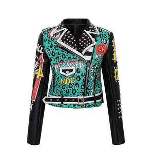 Punk Graffiti Print Leather Jacket For Women Green