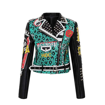 Punk Graffiti Print Leather Jacket For Women Green