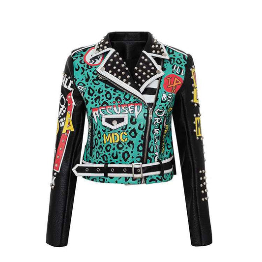 Punk Graffiti Print Leather Jacket For Women Green