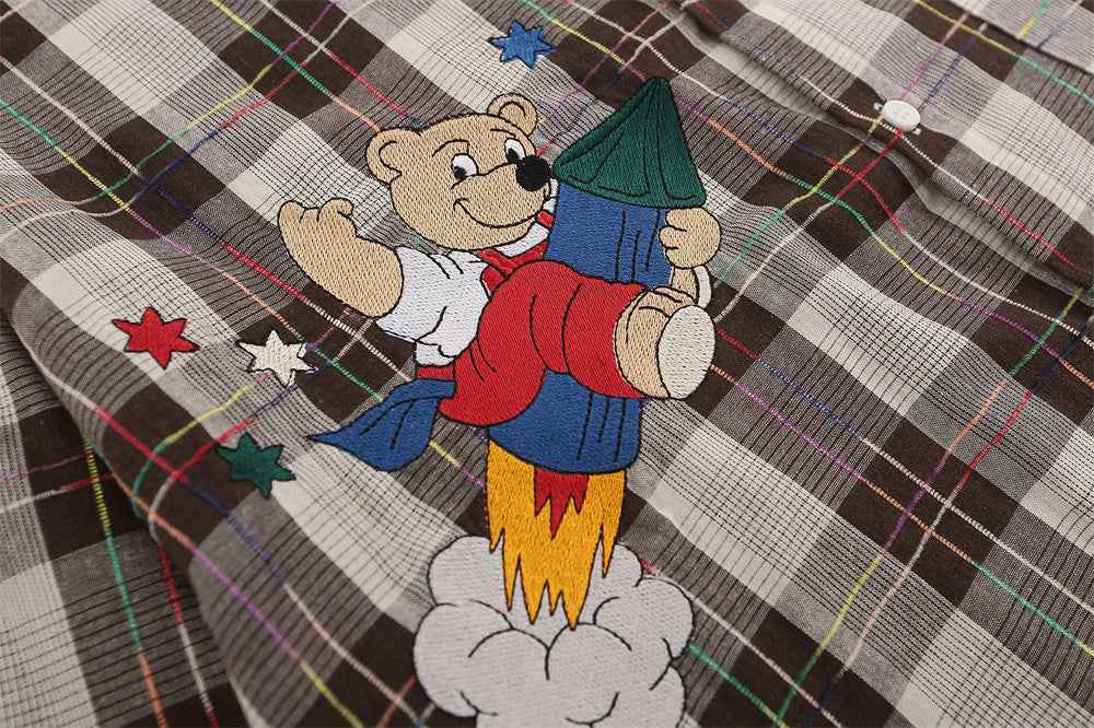 Cartoon Print Bear Lapel Long Sleeve Shirt For Men