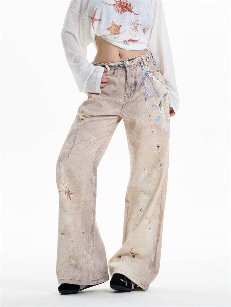 Retro Chain Print Worn Women's Straight Wide-leg Pants Old Color MuddyStock
