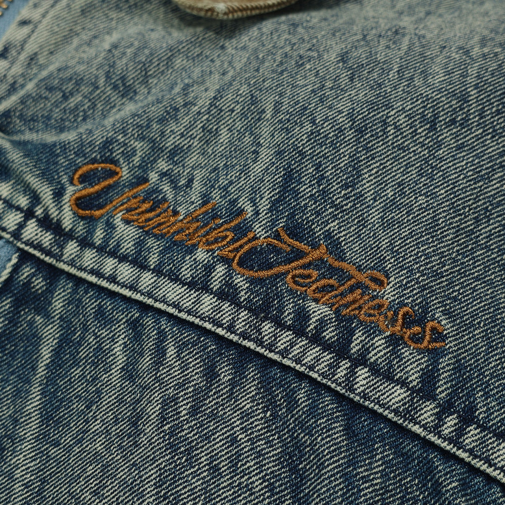 Color Stitching Turnover Neck Denim Jacket For Men And Women