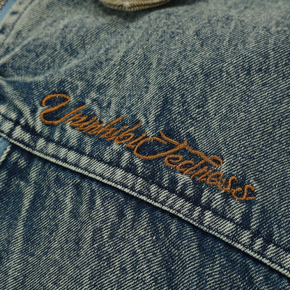 Color Stitching Turnover Neck Denim Jacket For Men And Women