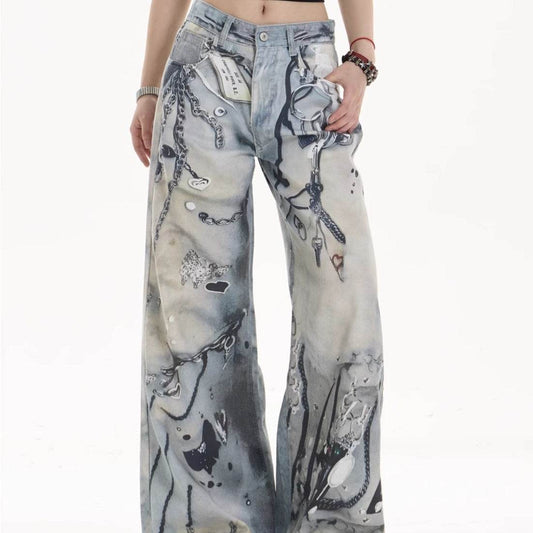 Multi-pocket Wide Leg Jeans Straight Casual Pants For Women MuddyStock