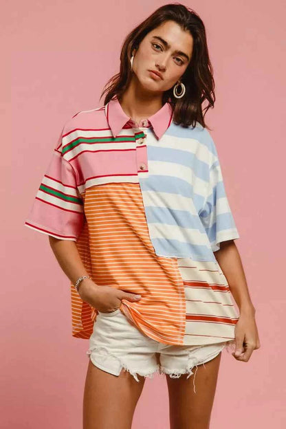 Mix And Match Stripe Color Block T-shirt For Women Trendsi