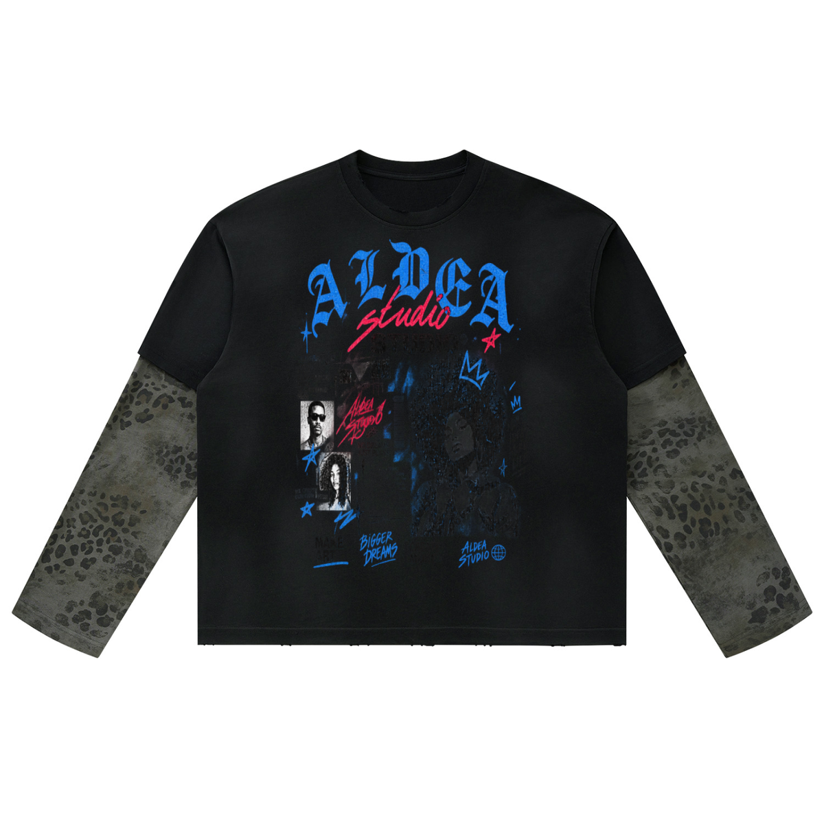 Vintage Wash Leopard Paneled Layer T-Shirt For Men | MuddyStock Originals Black with Leopard Gray