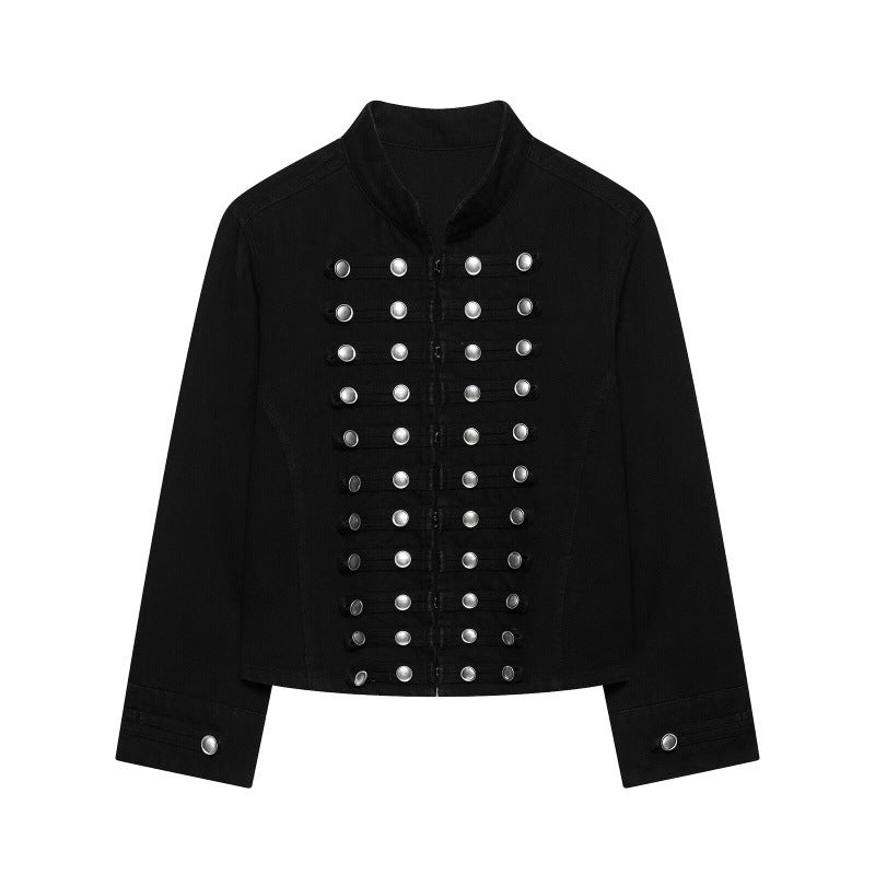 Fashionable Buttoned Round-neck Denim Jacket For Women Black All Products