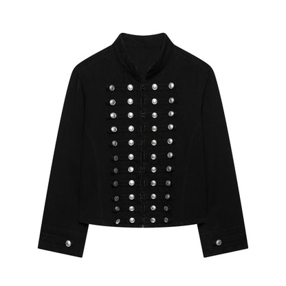 Fashionable Buttoned Round-neck Denim Jacket For Women Black All Products