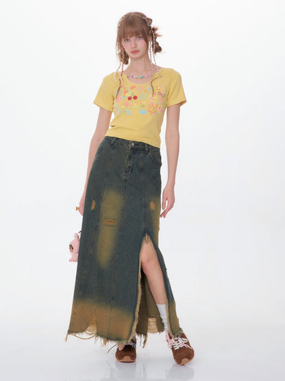 High Waist Mid-length Make Old Ripped Split Denim Skirt For Women All Products