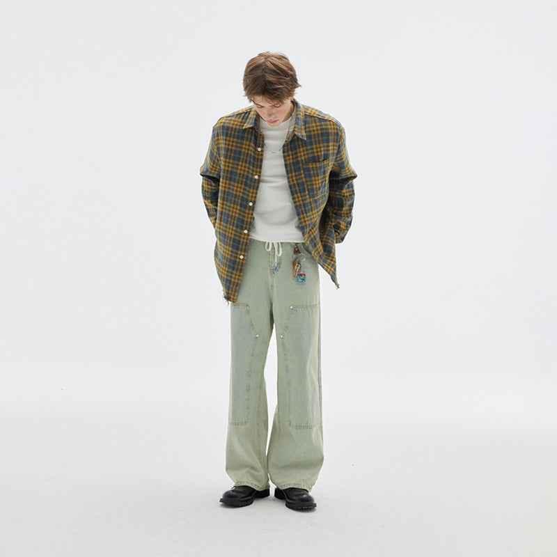 Vintage Brushed Plaid Long Sleeve Shirt For Men null