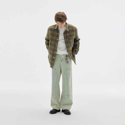 Vintage Brushed Plaid Long Sleeve Shirt For Men null