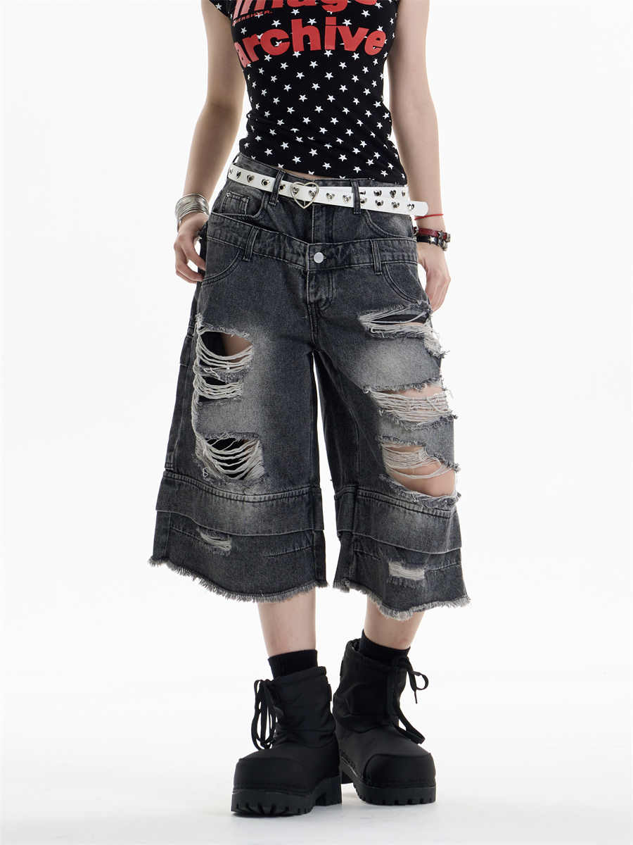 Ripped Denim Cropped Pants For Women