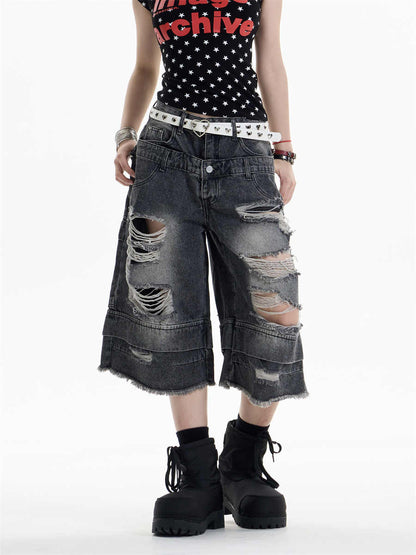 Ripped Denim Cropped Pants For Women