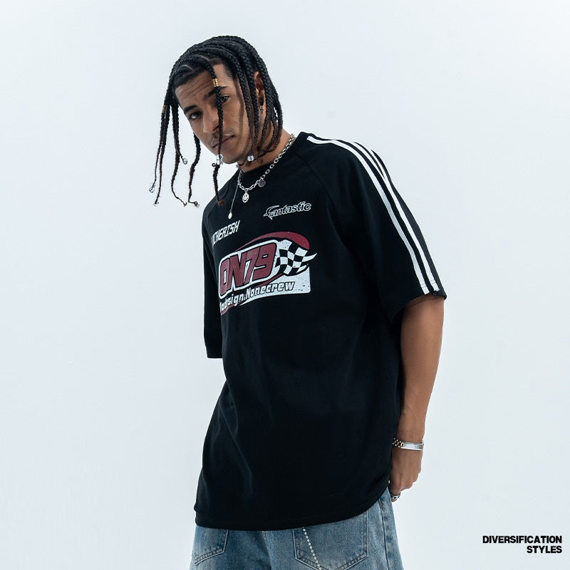 American Retro Raglan Racing Car Distressed Printed Cotton Short-sleeved T-shirt Men And Women Couple Summer Top