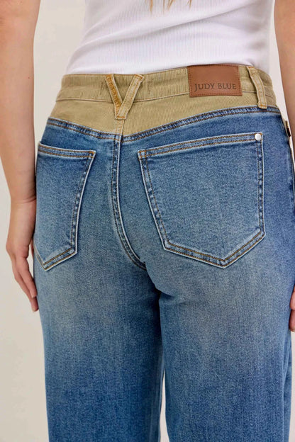 Judy Blue MR Column Straight Jeans with Corduroy Waist For Women Trendsi