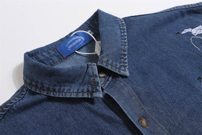 Embroidered Cat Denim Short Sleeve Shirt For Men And Women MuddyStock