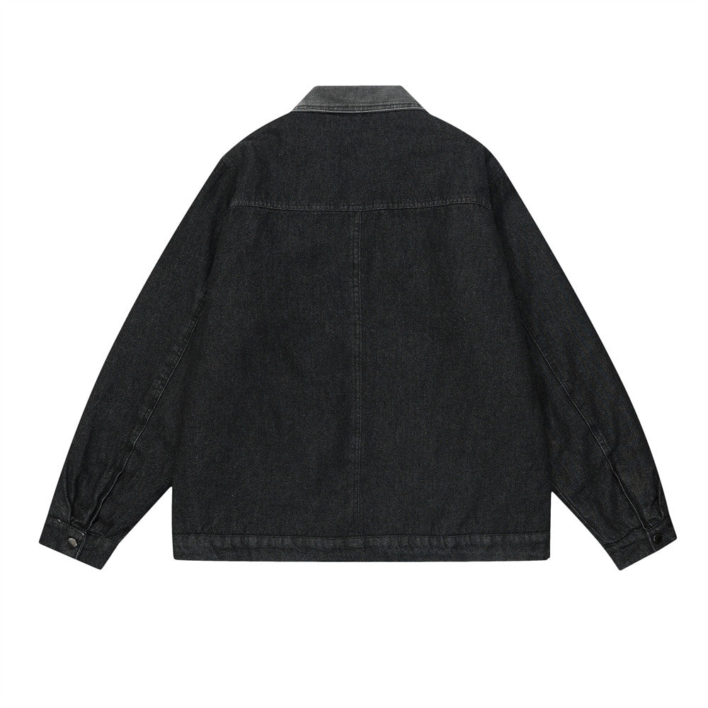 Color Stitching Turnover Neck Denim Jacket For Men And Women