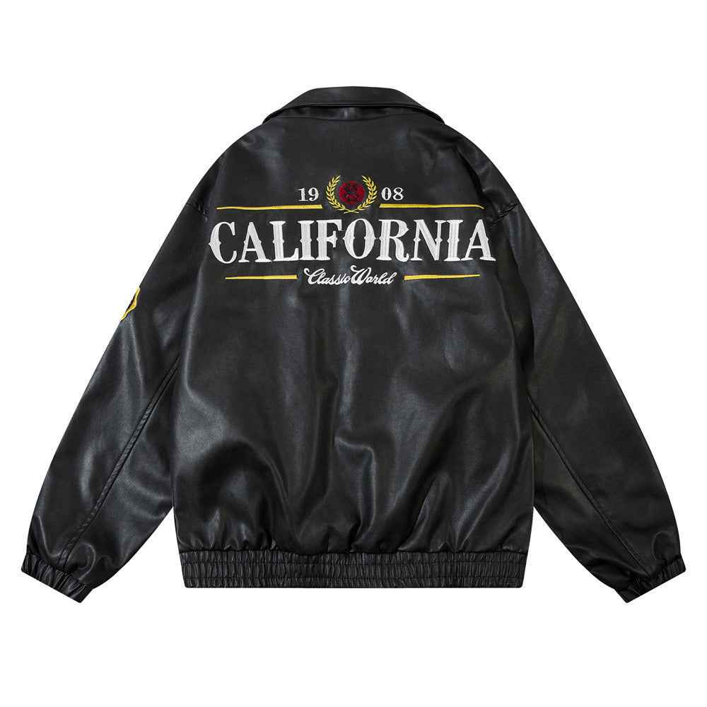 Men's American Embroidery Letters Motorcycle Jacket Black MuddyStock