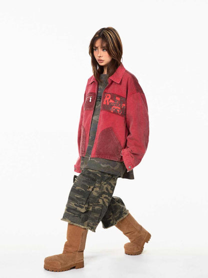 Patchwork Texture Three-dimensional Corduroy Pocket Baggy Jacket For Women MuddyStock