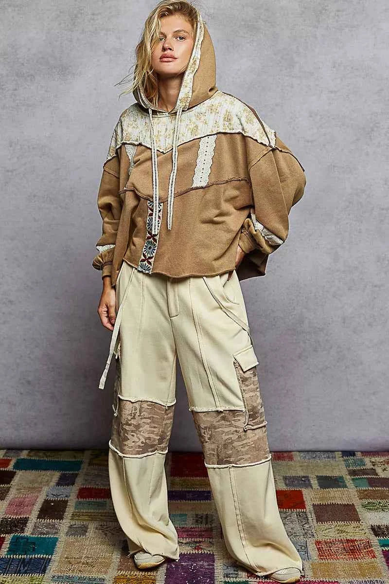 Drawstring French Terry Hoodie with Gauze Print Patch For Women Trendsi