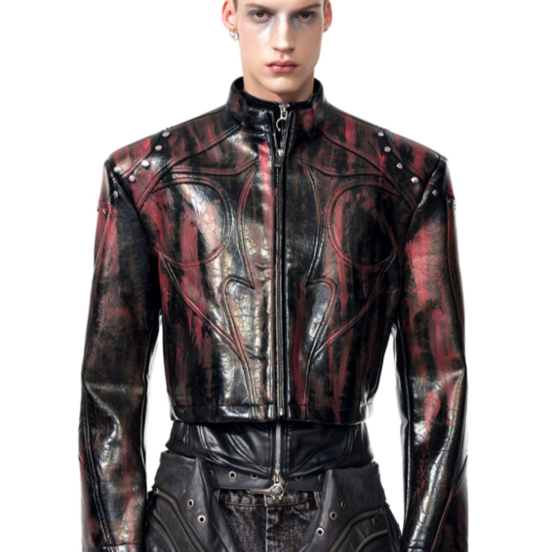 Men's Stand Up Collar Leather Jacket Black