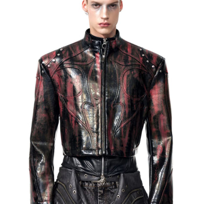 Men's Stand Up Collar Leather Jacket Black