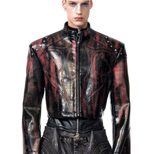 Men's Stand Up Collar Leather Jacket Black