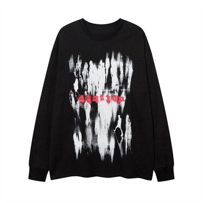 Men's Graffiti Printing Long-sleeved T-shirt For Women Black MuddyStock
