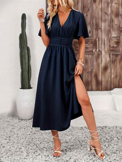 Side Slit Surplice Flutter Sleeve Midi Dress Trendsi