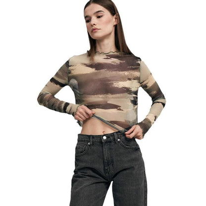 Women's Leopard-Print Mesh Printed Bodysuit T-Shirt Top