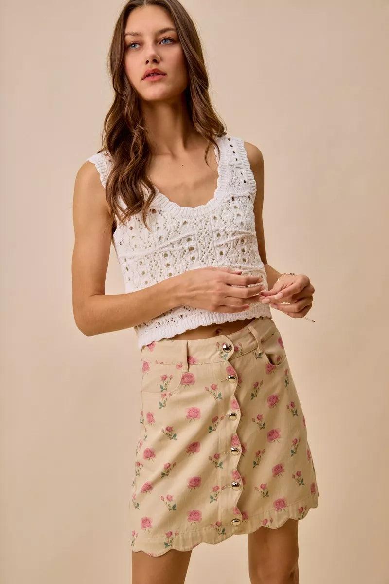 Floral Rose Print Cotton Twill Scallop Mini Skirt