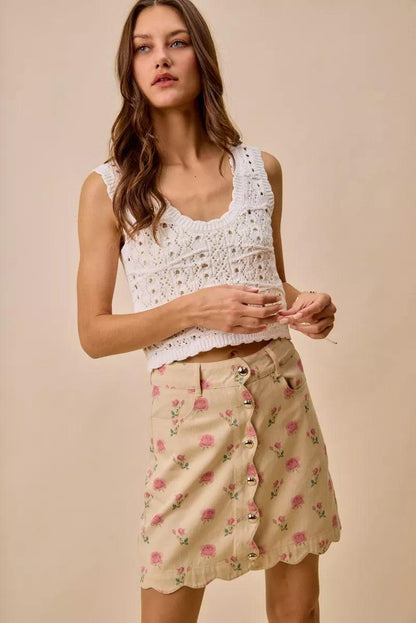 Floral Rose Print Cotton Twill Scallop Mini Skirt