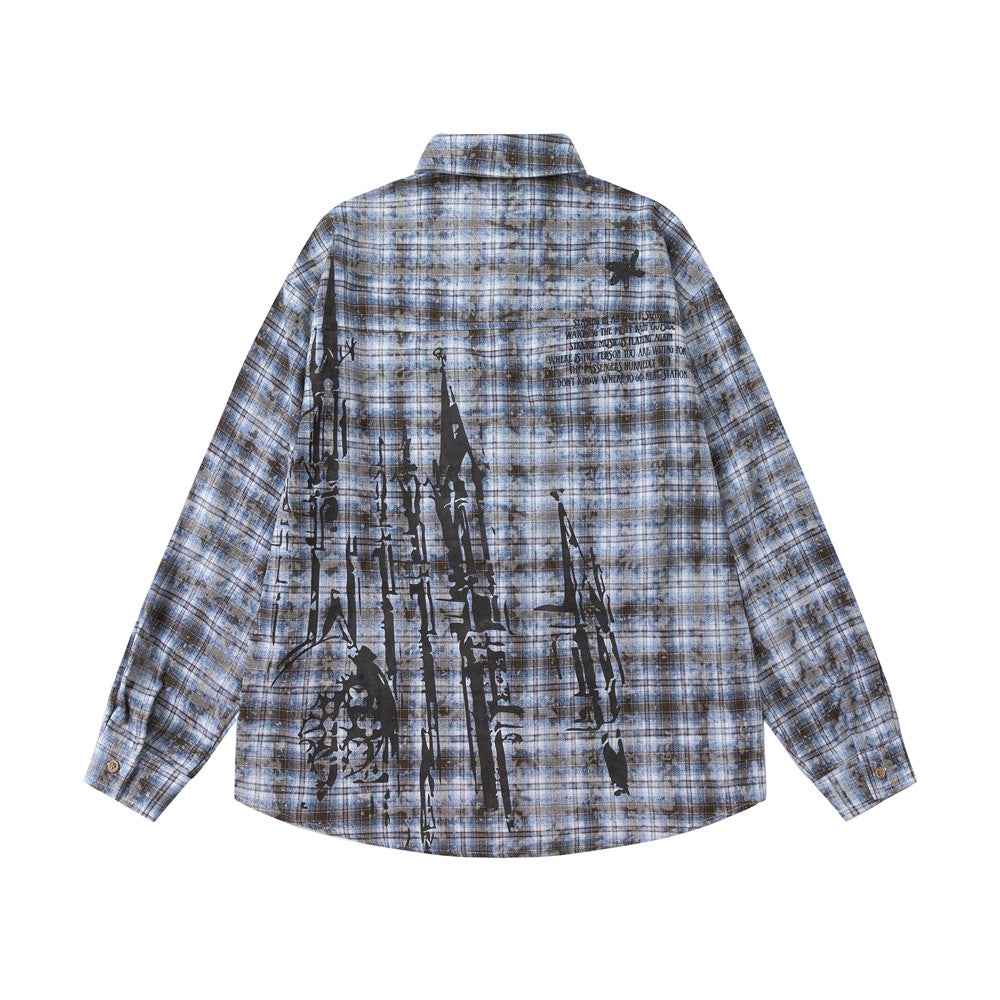 Distressed Washed Plaid Long-sleeved Shirt For Men And Women null