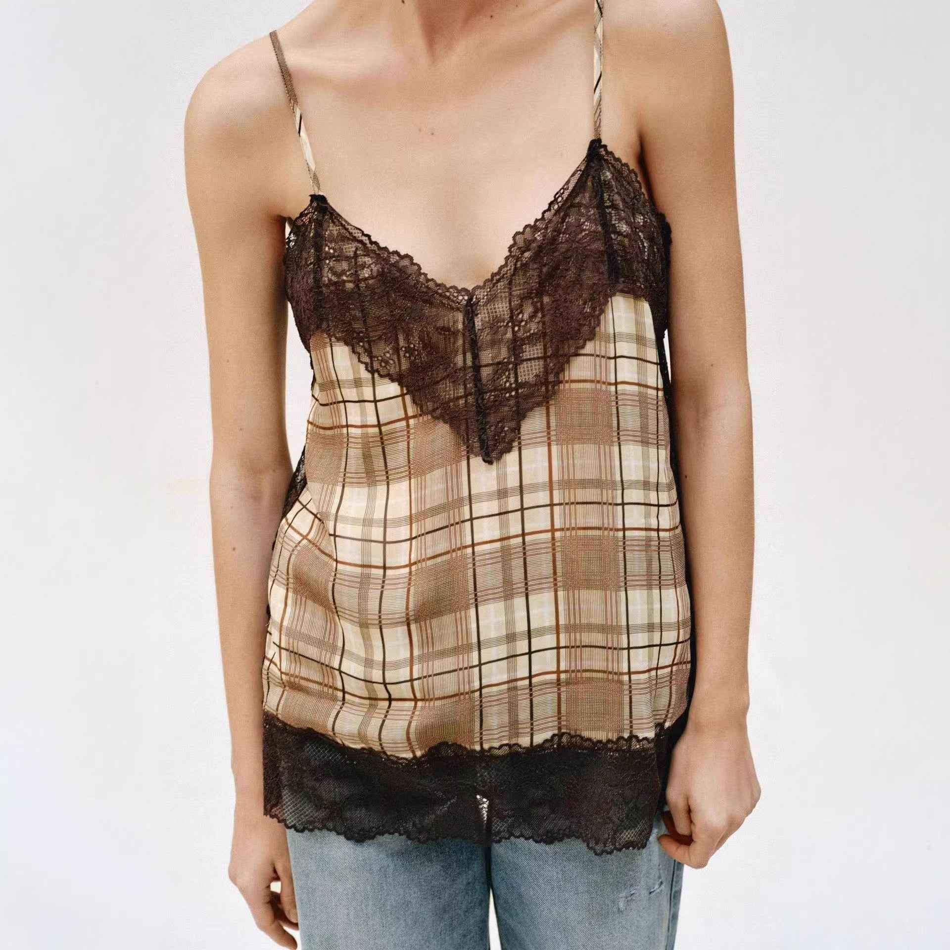 V-neck Plaid Lace Camisole Top