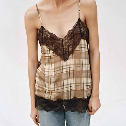 V-neck Plaid Lace Camisole Top